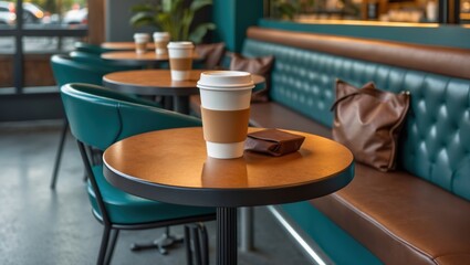 Cozy cafe interior featuring round tables, coffee cups, and stylish seating in warm tones.