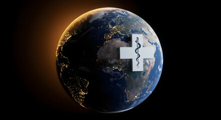 Fototapeta premium Global Health Symbol on Planet Earth, blue, white, and gold, representing worldwide healthcareGlobal Health Symbol on Planet Earth, blue, white, and orange, representing worldwide healthcare 