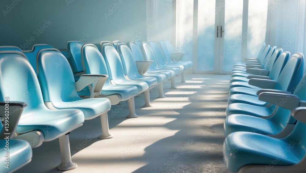 Poster empty waiting area with blue seats and soft natural light creating a calm atmosphere.
