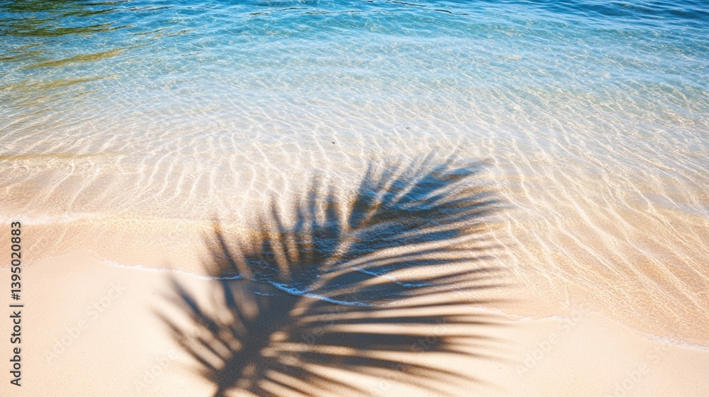 Wall mural tranquil tropical beach scene with a palm leaf shadow casting intricate patterns on pristine sandy s