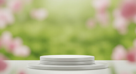 White tiered round podium display stand on surface against blurred green nature garden background with soft bokeh. Empty minimal stage for product showcase.