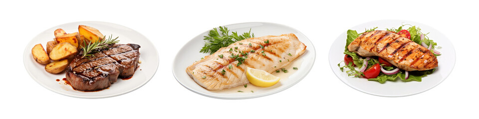 PNG Delicious grilled meat plates, element set on transparent background