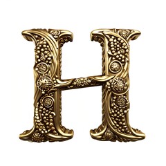 A regal golden H, ornate and majestic, adorned with intricate floral carvings and rich textures, gleaming with a luxurious, antique charm.
