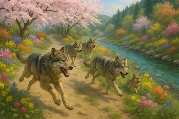 A group of wolves running through the nature of cherry blossom flowers.Generative AI