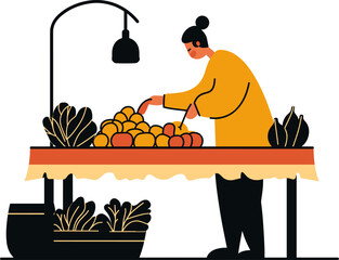 Person selecting fresh produce at a vibrant market stand cartoon isolated on transparent background. Vector illustration.