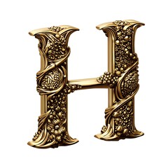An ornate golden H, meticulously crafted with swirling floral motifs and rich textures, a testament to elegance and artistry against a bright white background.