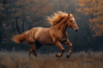 A brown horse gallops through a field with trees in the background.
