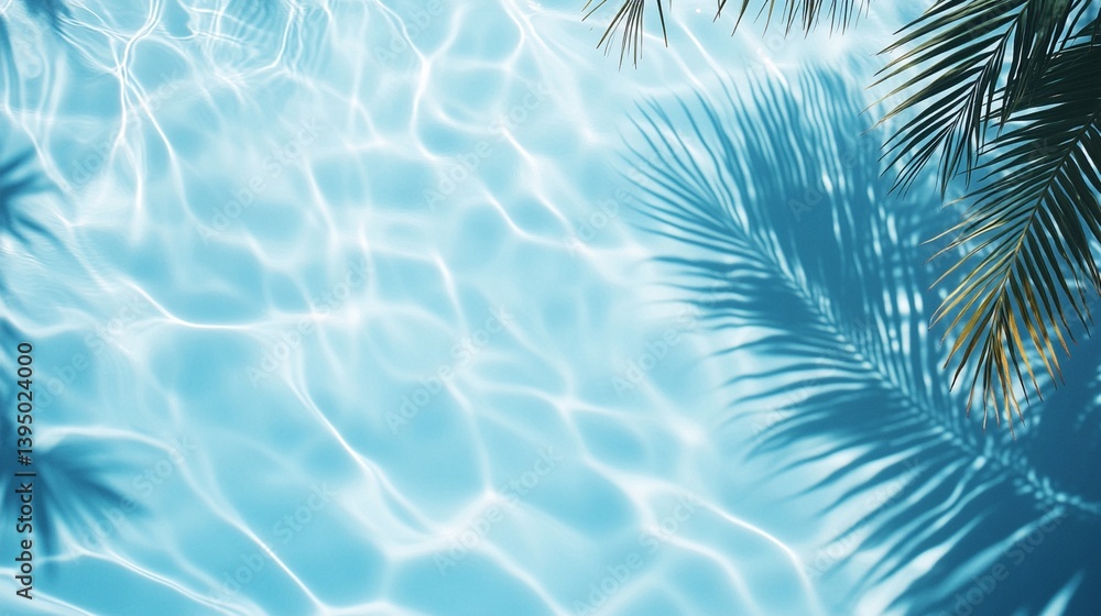 Wall mural tranquil turquoise swimming pool water with rippling surface and soft palm tree shadows creating a s