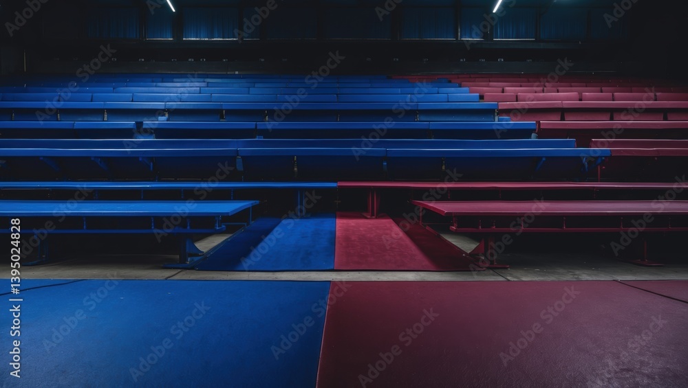 Poster vibrant and contrasting lines of blue and red benches in an empty gymnasium, creating a dynamic atmo