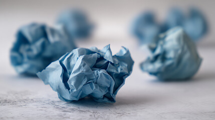Close-up of crumpled light-blue paper balls on a textured surface, suggesting ideas, brainstorming, or a creative process, symbolizing discarded attempts or the journey to success
