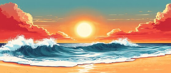 Fototapeta premium Pop artinspired beach scene, sun in the sky, stylized sea waves, retro comic style, colorful, highcontrast, playful mood