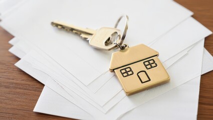 Mortgage approval process concept. House key with a keychain on a stack of blank papers.