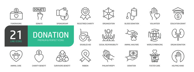 Set Of Donation Line Icons. Contains such icons as Donate, Sponsorship, Blood Donation, Education Grant, Disabled Aid,  Animal Care, Charity Benefit, Foster Care, and more.
