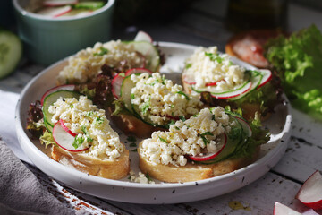 A plate with sandwiches with cottage cheese, radish and cucumber in rustic style