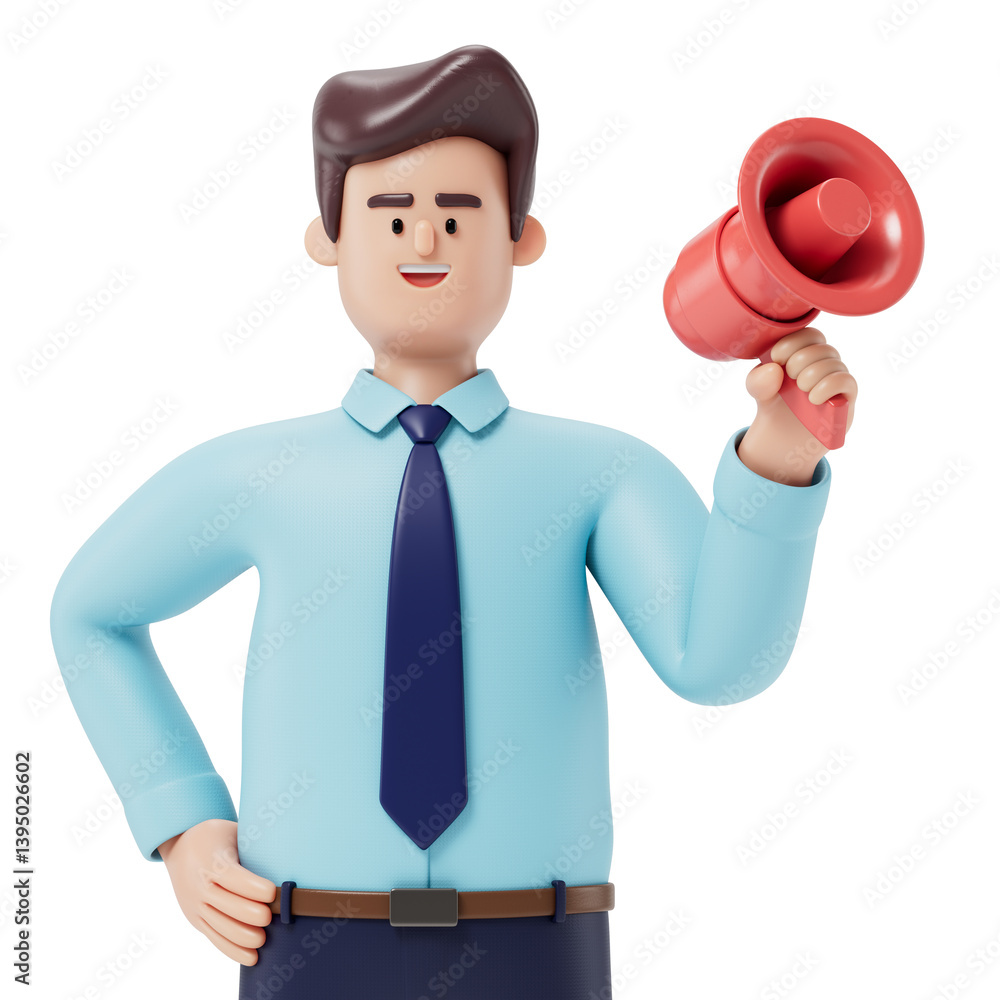 Poster man with megaphone and raised fist, symbolizing announcement or motivation. 3d rendering, conceptual