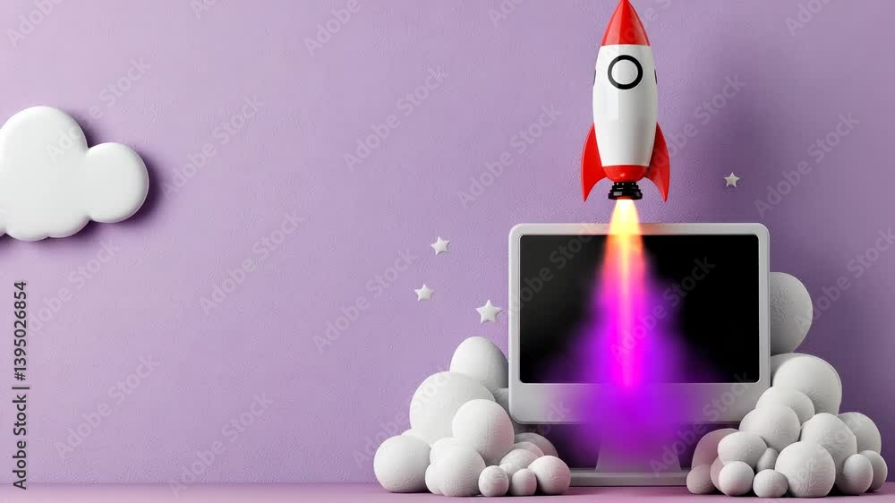 Poster rocket ship text from a for monitor into the clouds, symbolizing a successful startup and launching 