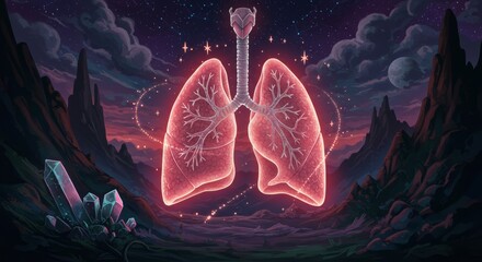 Surreal anatomical lungs floating amidst mystical landscape with cosmos sky
