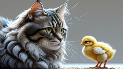A fluffy grey tabby cat looks intently at a small yellow chick