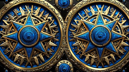 Obraz premium Two ornate star medallions adorn a textured surface. Use design element for steampunk
