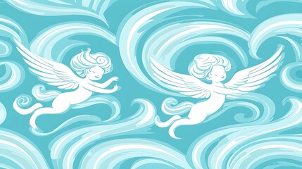 Two stylized angels flying among swirls; decorative background, suitable for fabric/paper print