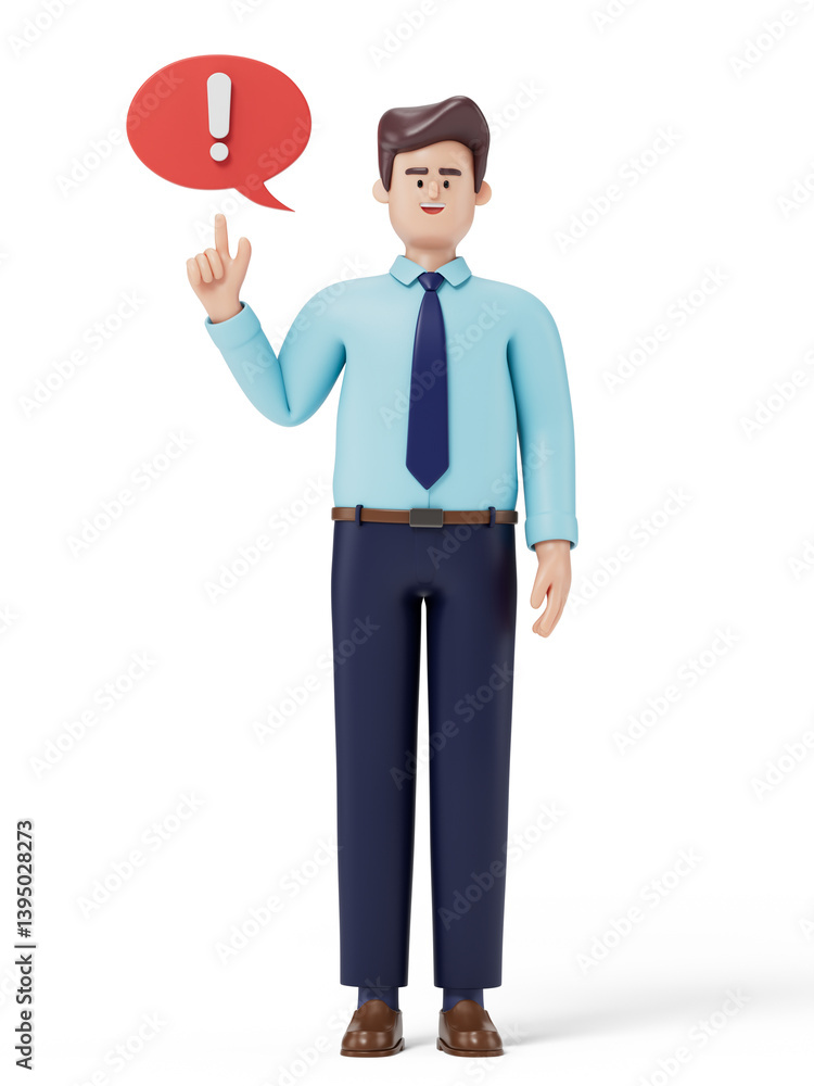 Poster man with exclamation bubble, symbolizing a sudden idea or realization. 3d rendering, conceptual imag