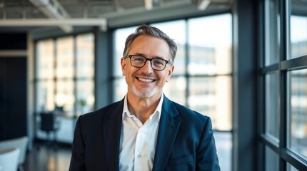 Fototapeta premium Middle aged professional business man with glasses wearing white shirt and suit smiling standing in office