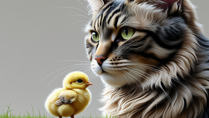 A close-up shows a tabby cat looking at a small, yellow chick. 