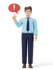 Man with exclamation bubble, symbolizing a sudden idea or realization. 3D rendering, conceptual image. Isolated on white background.