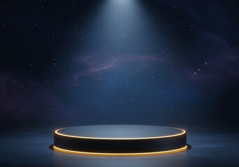 Black round podium display stand with glowing gold light edge illuminated by spotlight against dark space background with stars or nebula. Empty cosmic stage.