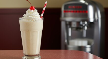 Vanilla Milkshake with Whipped Cream and Cherry