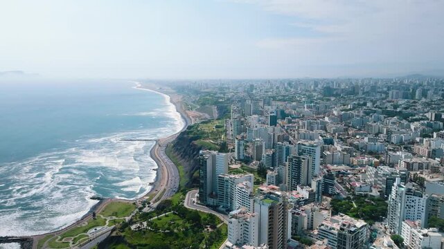 Daytime Aerial View of Miraflores District in Lima, Peru &ndash; Drone Footage of Urban Cityscape and Pacific Coast