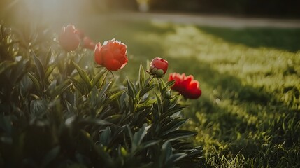 Stunning Red Peonies in Sunset Garden Bloom
