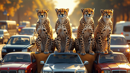 Four cheetahs sit atop a couch in city traffic in this beautiful image.