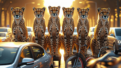 A whimsical cityscape is filled with cheetahs among cars.