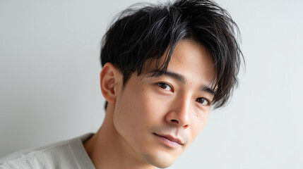 白いトップスを着た日本人男性の美しい黒髪スタイリング | 柔らかな光沢感