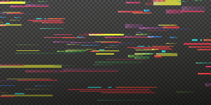 olorful glitch lines and digital noise distortion effect on transparent dark checkered background. Abstract horizontal interference bars. Glitch effect template