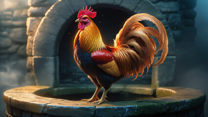 A vibrant rooster is perched atop a stone well. 