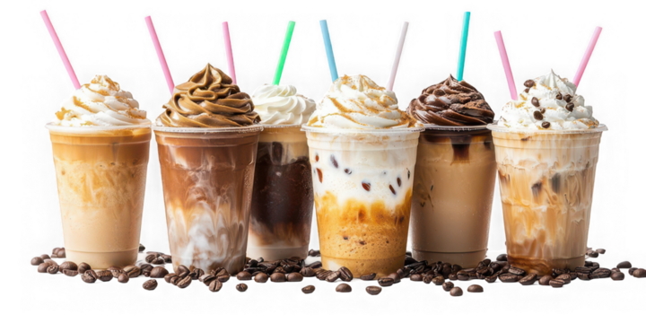 Variety of iced coffee drinks with whipped cream and coffee beans on transparent background, Generative AI