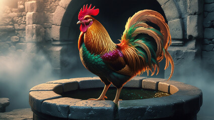 A colorful rooster stands on a well