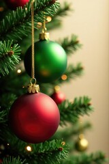 Naklejka premium Glass red and green ornament with golden ribbon, ornaments, garland