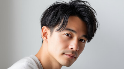白いトップスを着た日本人男性の美しい黒髪スタイリング | 柔らかな光沢感
