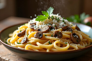 Elevated close-up of creamy mushroom pasta dish with grated cheese and fresh herbs served in a stylish bowl, offering a tempting glimpse into gourmet Italian cuisine
