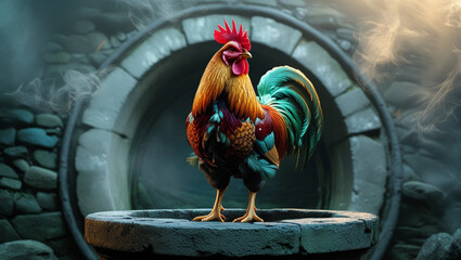 Placeholder
A vibrant rooster stands in front of a stone well, uploaded to a stock photo site. The bird has a colorful plumage of red, gold, green, and blue