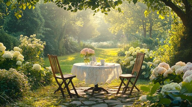 A tranquil morning tea party in a sun-drenched garden, surrounded by blooming hydrangeas and soft golden light.