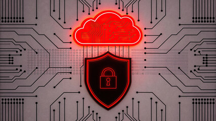 Fototapeta na wymiar Secure cloud storage with glowing shield and circuit patterns represents modern technology and data protection