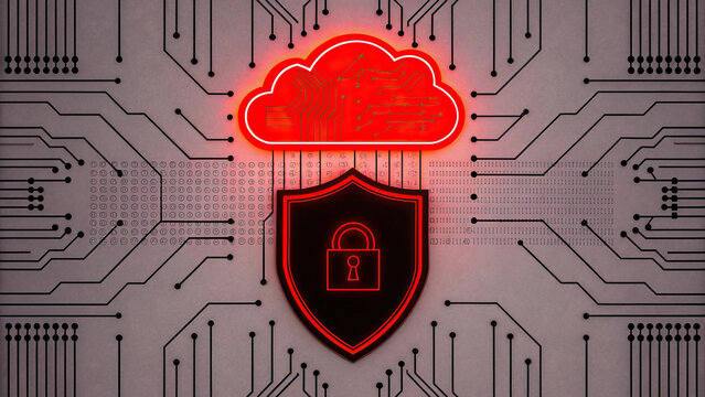Secure cloud storage with glowing shield and circuit patterns represents modern technology and data protection