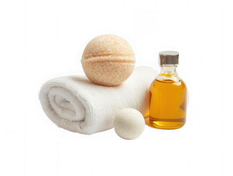 Spa bath bombs essential oil and rolled towel on transparent background