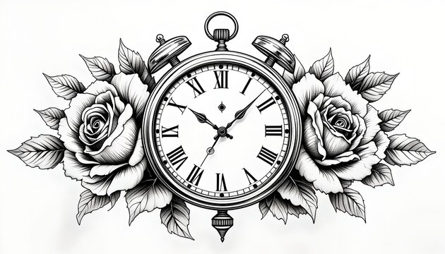 Black and white tattoo of vintage clock with Roman numerals, detailed roses, and elegant monochrome style.
