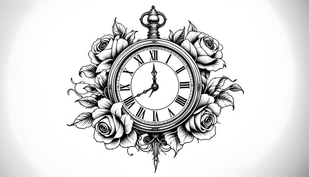 Black and white tattoo of vintage clock with Roman numerals, detailed roses, and elegant monochrome style.