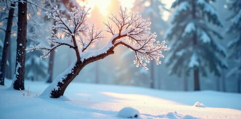 Isolated tree branch stretching towards light on a snowy background, landscape, winter